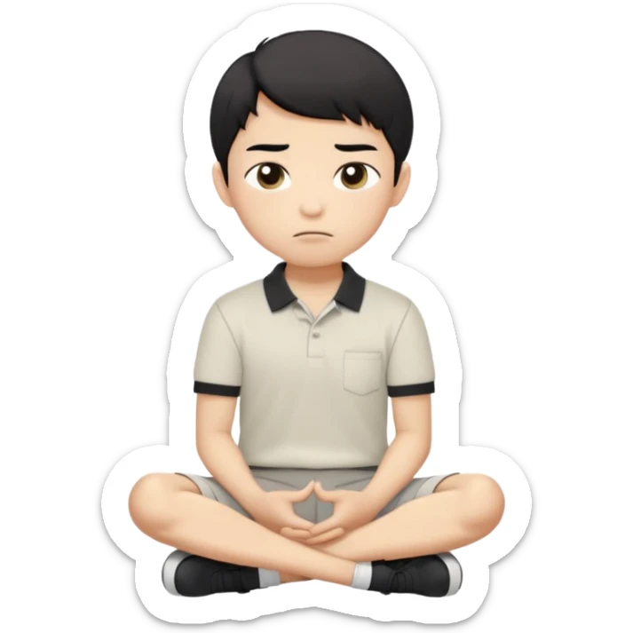 A cartoon young Asian boy with short black hair, light beige skin, and large expressive eyes, wearing a white polo shirt, gray pants, and black shoes. He sits cross-legged on the ground, one fist resting on his cheek, with a closed-mouth smirk. Clean lines, flat colors, solid black background. sticker