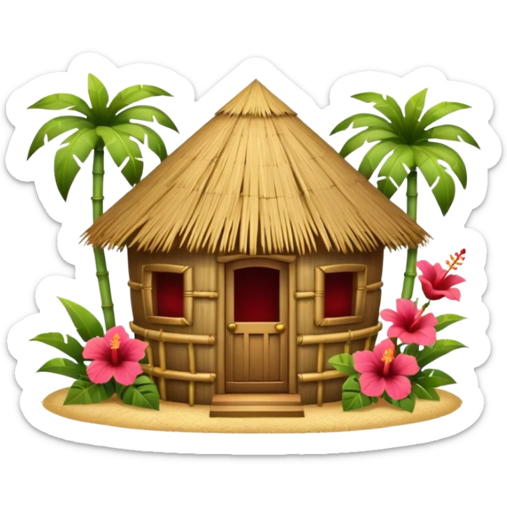 Hawaiian tiki hut house, round tropical hut, bamboo details, thatched roof, tiki masks decoration, hibiscus flowers, cute mobile game icon, 3D cartoon, clean background, no text sticker