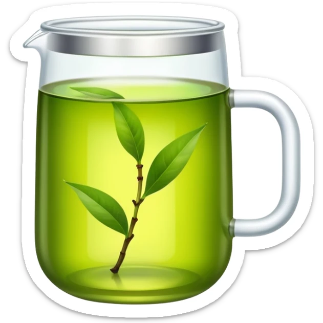 Green tea in traditional Chinese clear glass, fresh tea leaves, emoji style sticker