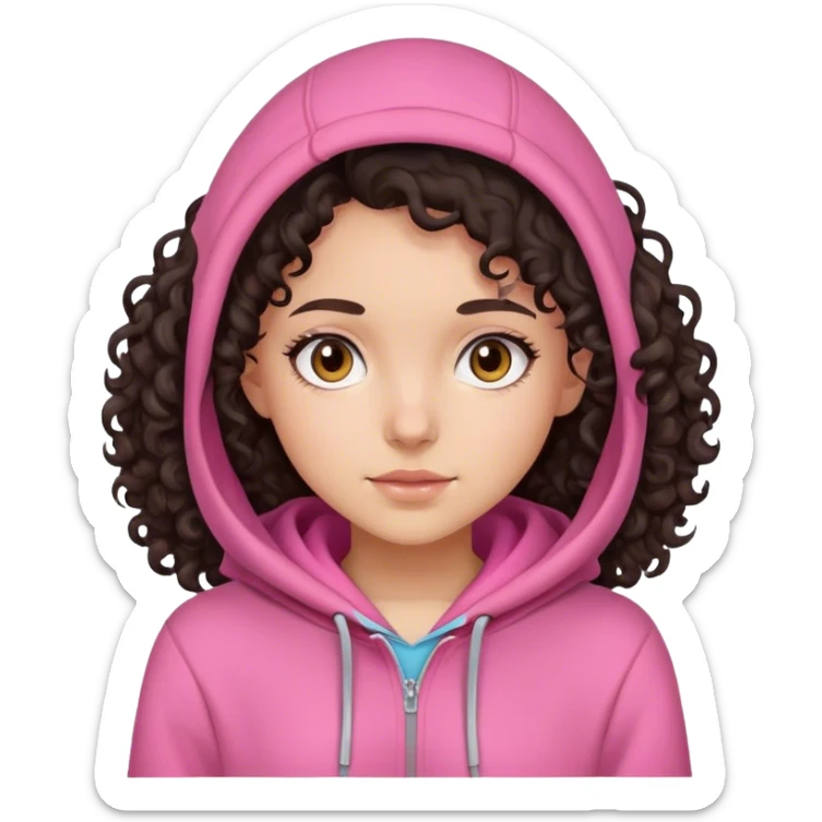 girl with dark curly hair brown eyes pink hoodie  sticker