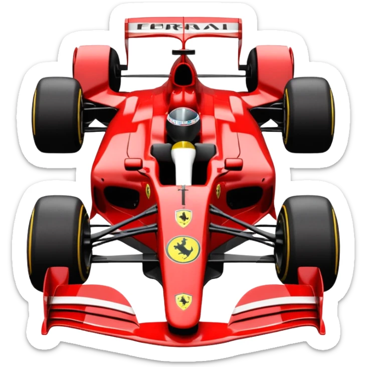 top view of a sleek red Ferrari Formula 1 car from the 2000s with black cockpit, emoji style sticker