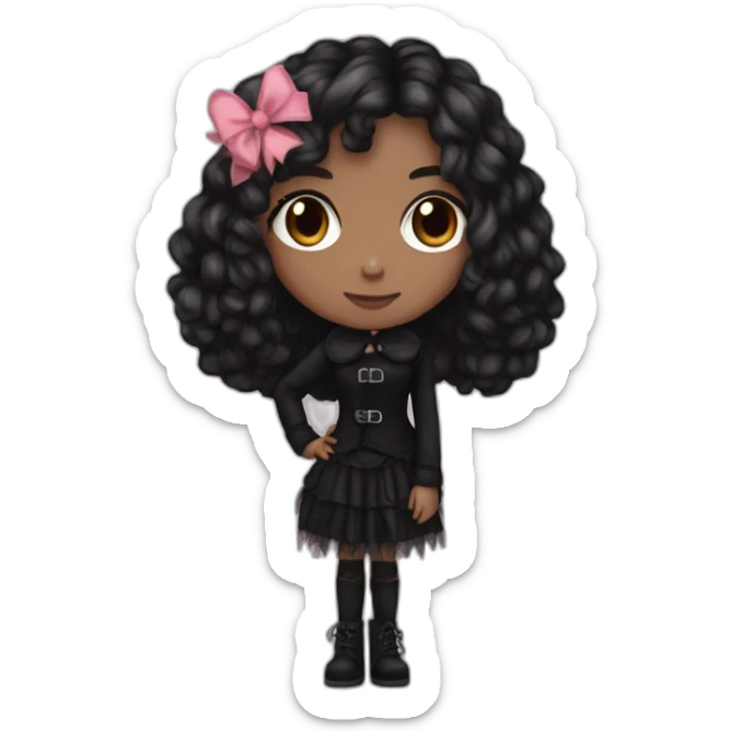 Pink and black gothic clothes, light Brown skin girl, full body, long hair, red and black hair sticker