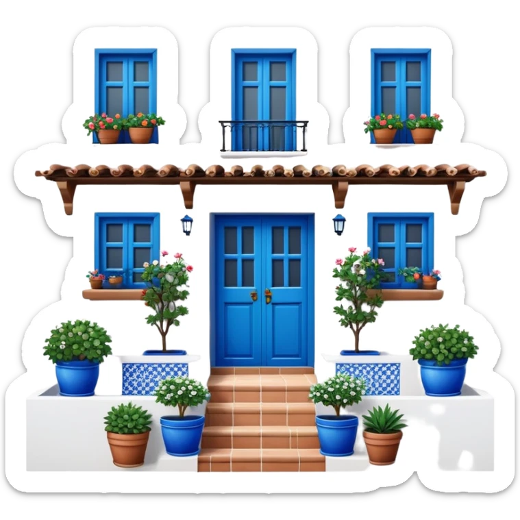 Andalusian-style Spanish house with white walls, blue accents, and flowerpots on windows sticker