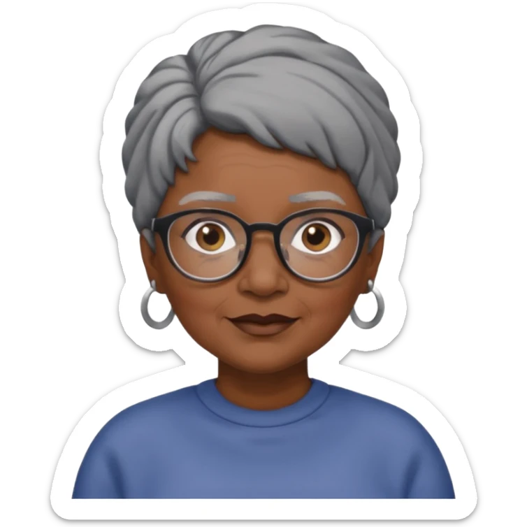 emoji of a black grandma women with black and gray hair in a low ponytail with glasses and brown eyebrows sticker