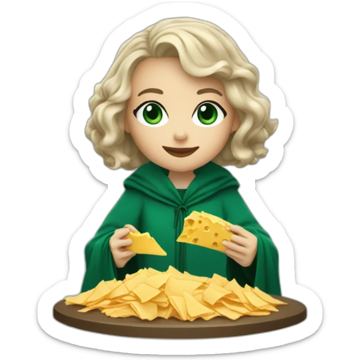 Slytherin girl with short wavy ash blonde bob hair and blue eyes eating chips and cheese wearing a wizard robe sticker