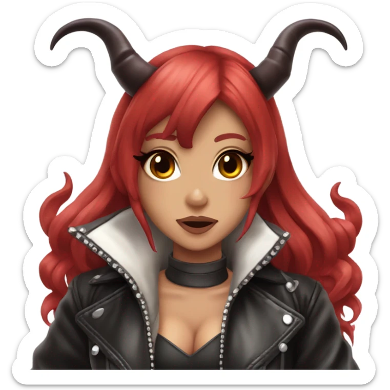 demon hime gyaru girl, red hair, devil horns, leather coat sticker