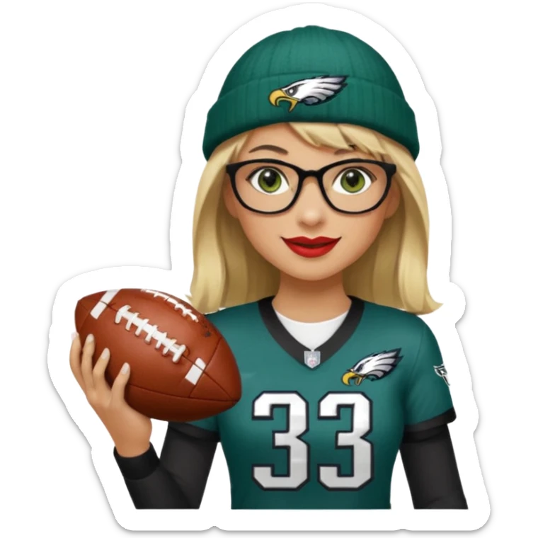 full length women wearing eagles uniform, long blonde hair, styled bangs, green eyes, black glasses, holding football, number 33, smiling, lipstick, eagles beanie sticker