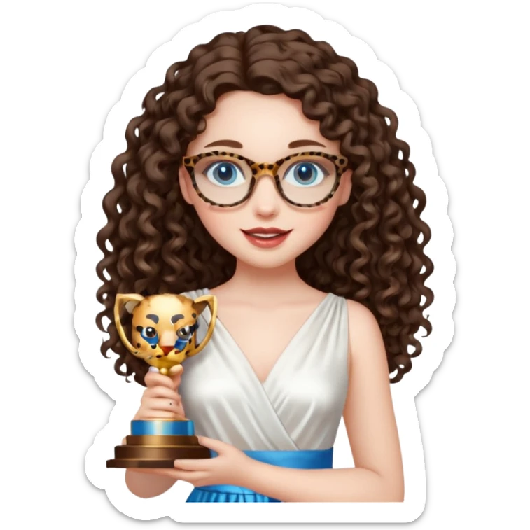 A girl with white pale skin, full lips, brunette LONG curly hair. She is wearing a white  silk dress. She is holding an award and happy. She has a leopard print round-ish shaped glasses. She has blue eyes. sticker