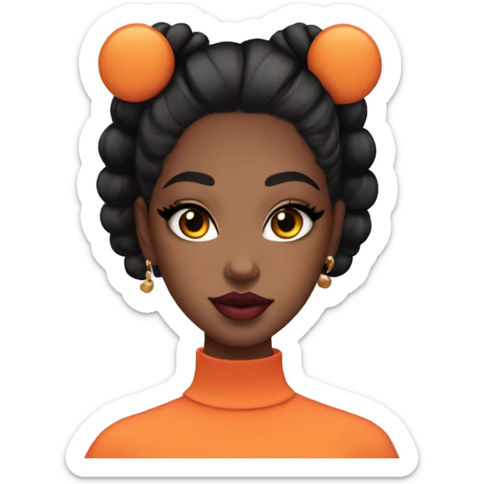 Girl with space buns black hair, cat eye, pink hot eye shadow and bold orange lips sticker