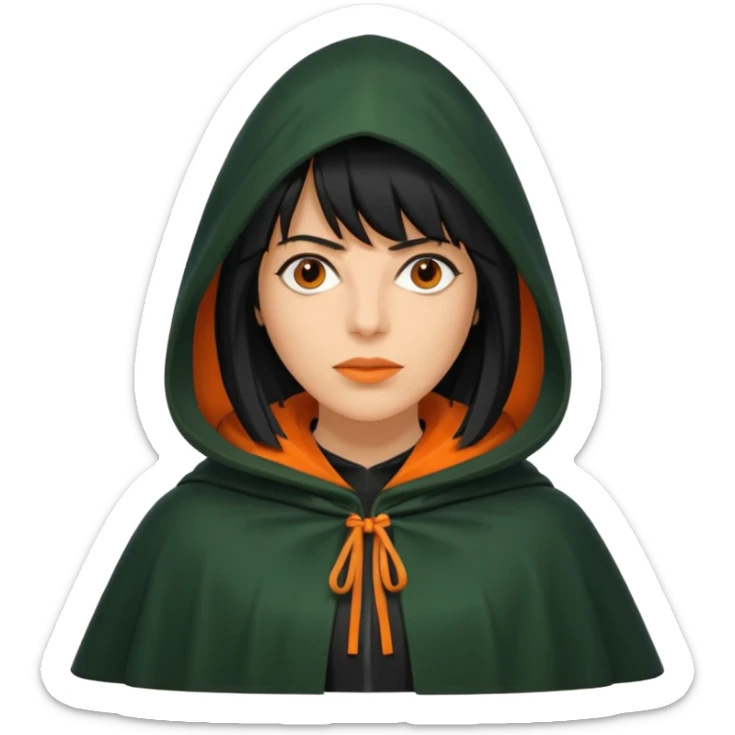 traitor tv show, person wearing dark green cloak with hood up who looks like claudia winkleman orange skin tone and thick black fringe sticker