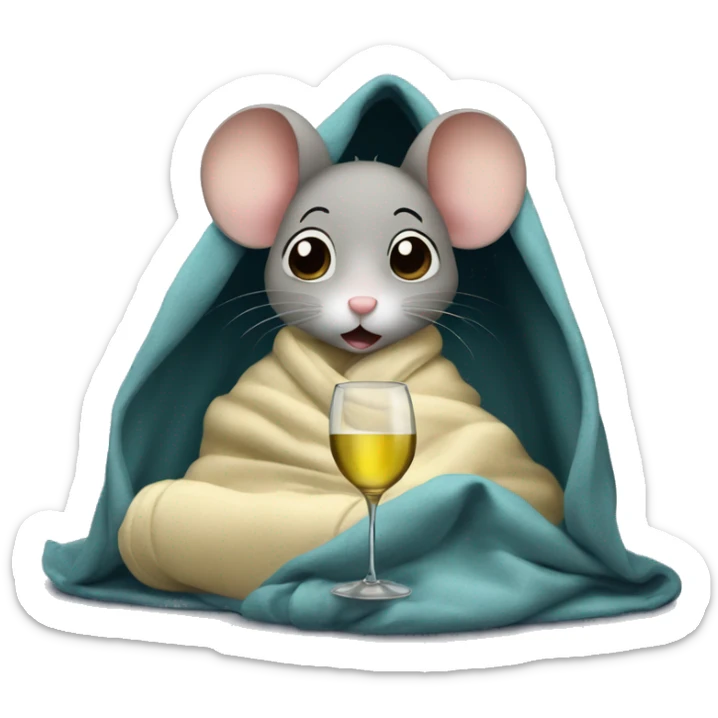 A cute girl mouse watching netflix underneath a blanket with a glass of white wine sticker