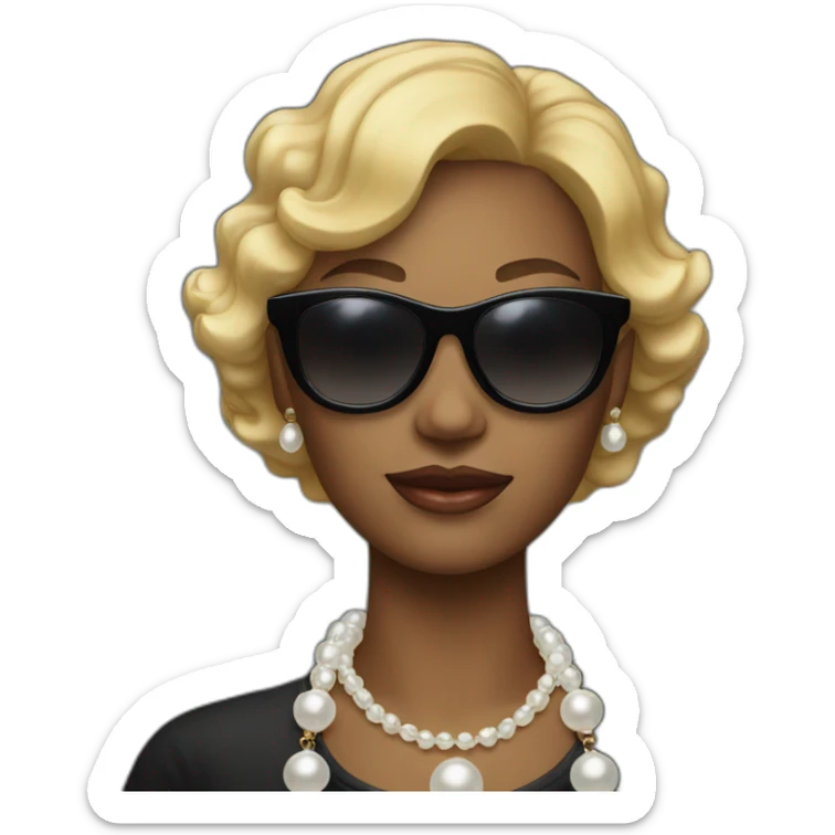 colored woman with blonde short hair and sun glasses with a pearl necklace on, black clothe sticker
