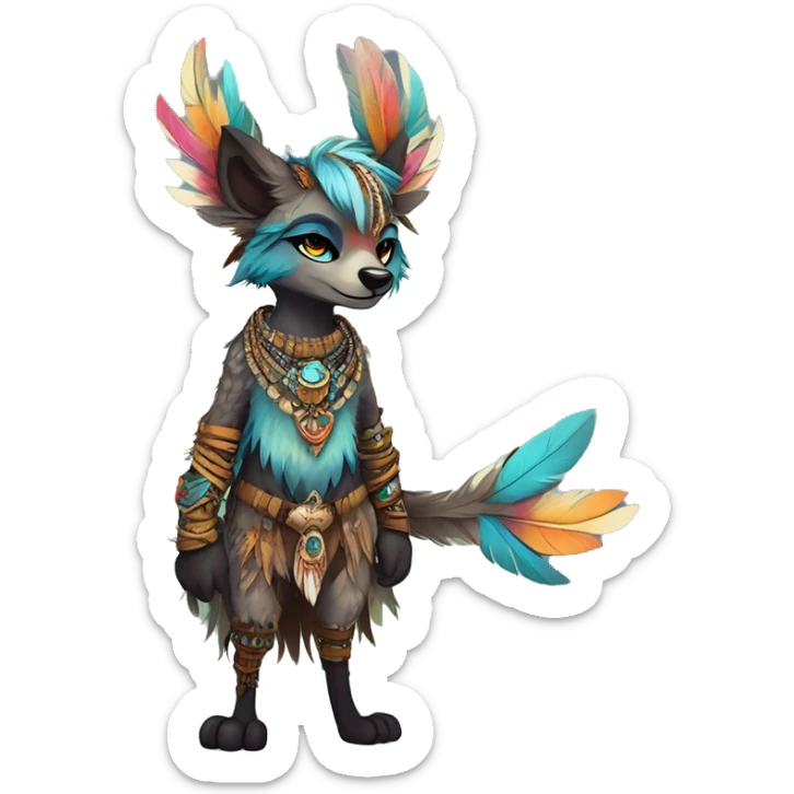 cute cool edgy fantasy animal fursona creature by griffsnuff & LiLaiRa & Falvie with exotic colors with intricate patterns and feathers and headdress and necklace full body sticker