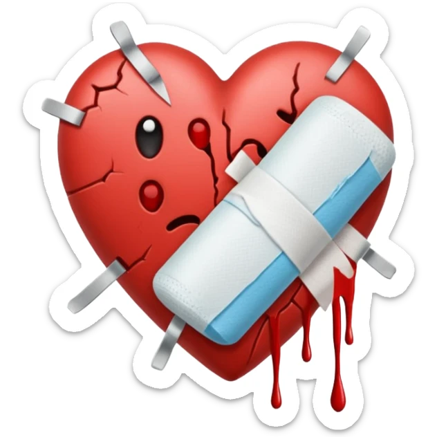 Un corazón roto con grietas  sangrando y expulsando sangre rodeado de vendas y tiritas que se despegan sin hacer efecto sticker