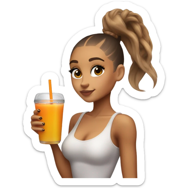 Ariana Grande wearing spray tan and holding a cookie and a glass of orange juice, she is wearing a high ponytail and staring directly sticker