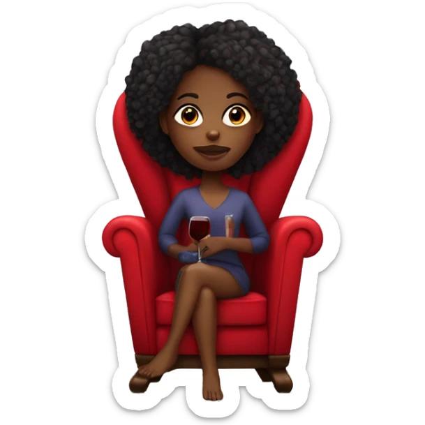 black girl sitting cross-legged on big red throne chair with one glass of wine in her hand sticker
