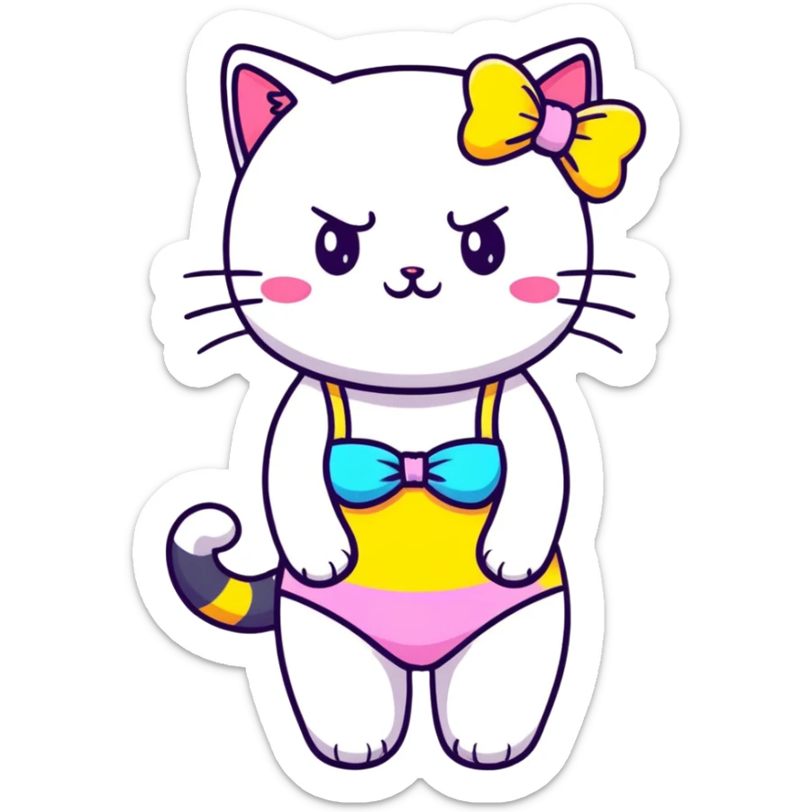 Cute short cat girl with bow, big head and small body in a colorful swimsuit, kawaii style sticker