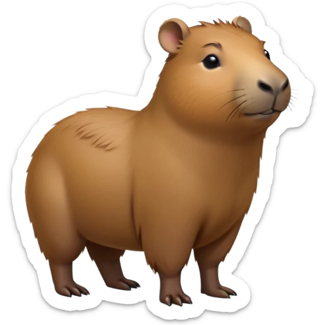 cinematic-capybara-realistic-full-body-on-standing-emoji,-plump-and-relaxed-body-soaking-in-the-warm-sun,-short-brown-fur-slightly-ruffled,-head-tilted-dramatically,-calm-expressive-eyes-exuding-serene-wisdom,-simplified-yet-realistic sticker