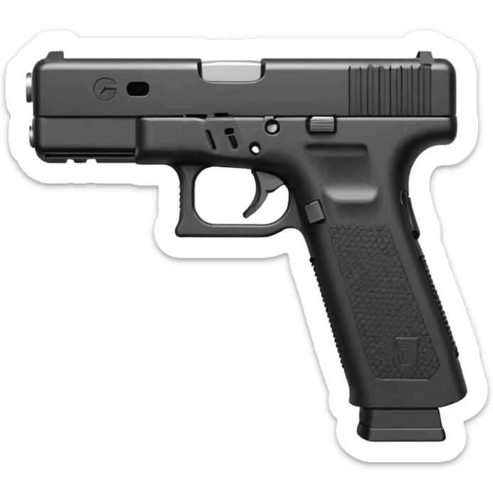 emoji of a compact pistol resembling a Glock 17 with an extended magazine and a clear legible engraving "N Block 17" on the slide, flat vector style, simple shapes, bold outlines, minimal details, transparent background, 512x512 sticker