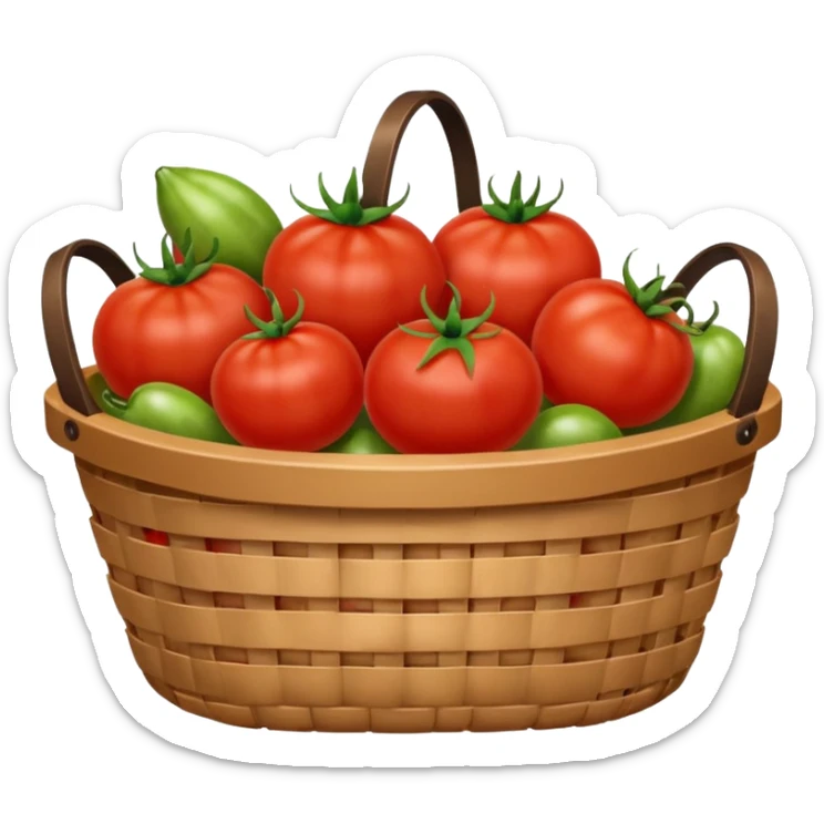 It is an image of fruits including tomatoes in the basket, and there are 5 to 6 fruits sticker