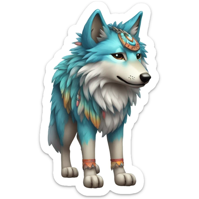 Fluffy Shy Colorful Spiritual Shamanic Wolf With Shiny Tribal Markings wearing feathers Full Body sticker