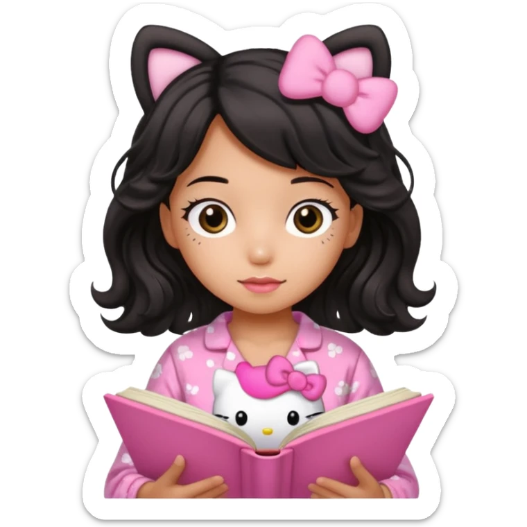 Chica peli negra  cabello ondulado tes trigueña con una pijama rosa de hello kitty leyendo un libro rosa de haditas  sticker