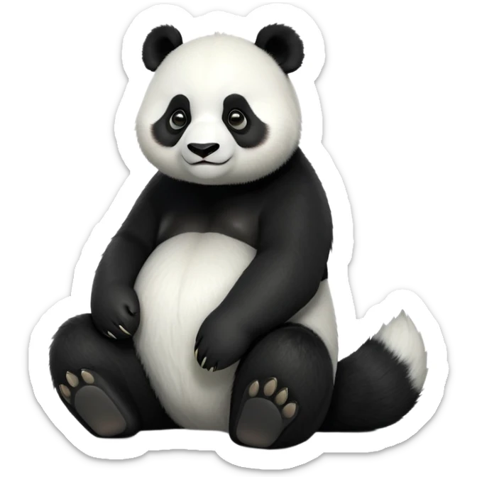cinematic-[panda bear]-realistic-full-body-sitting-emoji,-tail-tucked-close,-head-tilted-dramatically,-thick-[black and white]-fur,-simplified-yet-realistic-focused-features,-highly-detailed,-glowing-with-an-almost-sarcastic-glow sticker