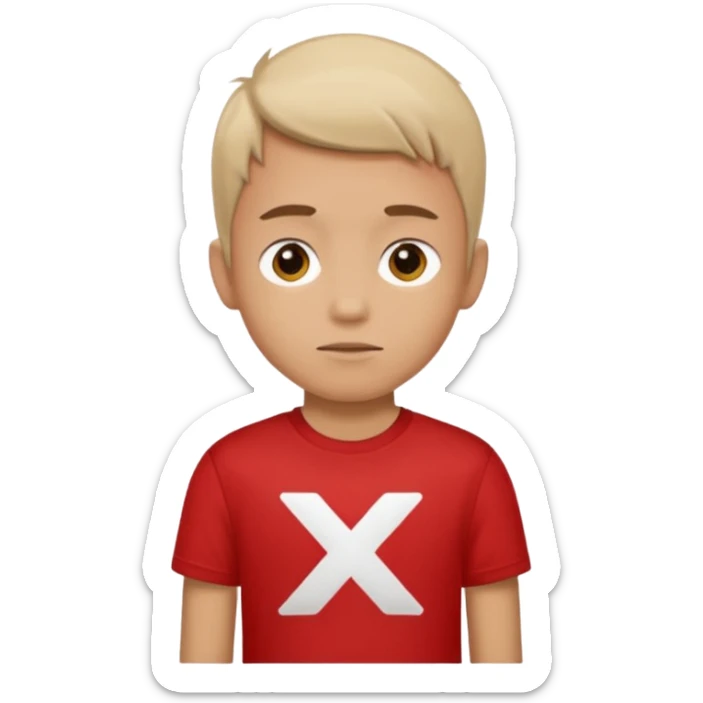 boy wearing a red t shirt with an X on the side of the t-shirt sticker