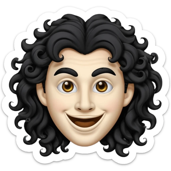 generate theatre mask emoji with a big curly black hair 

wide black coloured smile, long and pointy white nose with no nostrils, pitch black eyes sticker