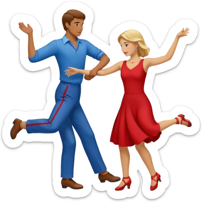 Two people. Man wearing all  RED with brown hair. Women  ALL blue with blond hair. Swing Dancing. Need four legs sticker