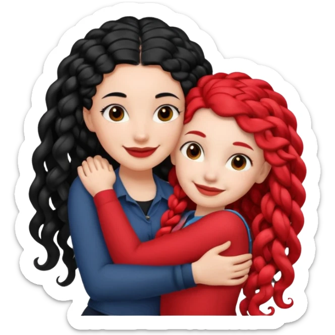 White girl long black hair hugs black girl with red French curl braids  sticker