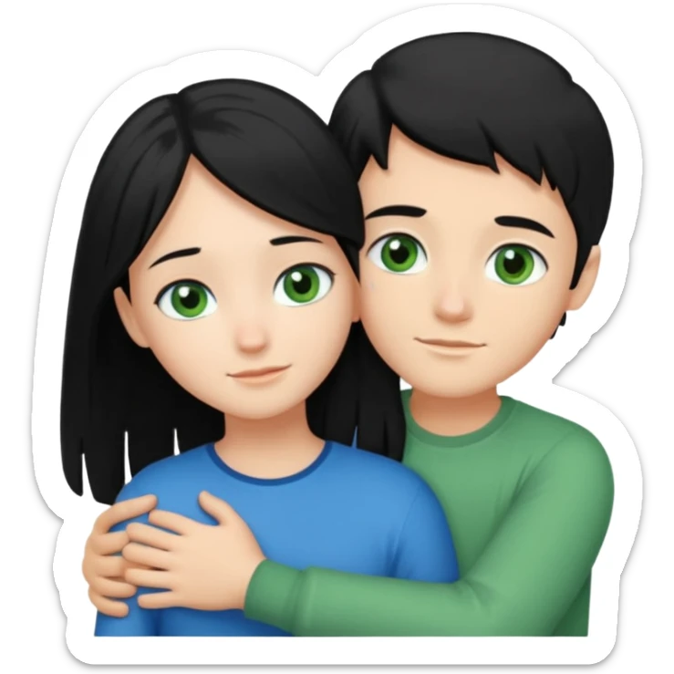 Make a couple hugging the girl is white with long black hair with blue eyes. The girl is hugging a boy with light brown short hair with green eyes. sticker