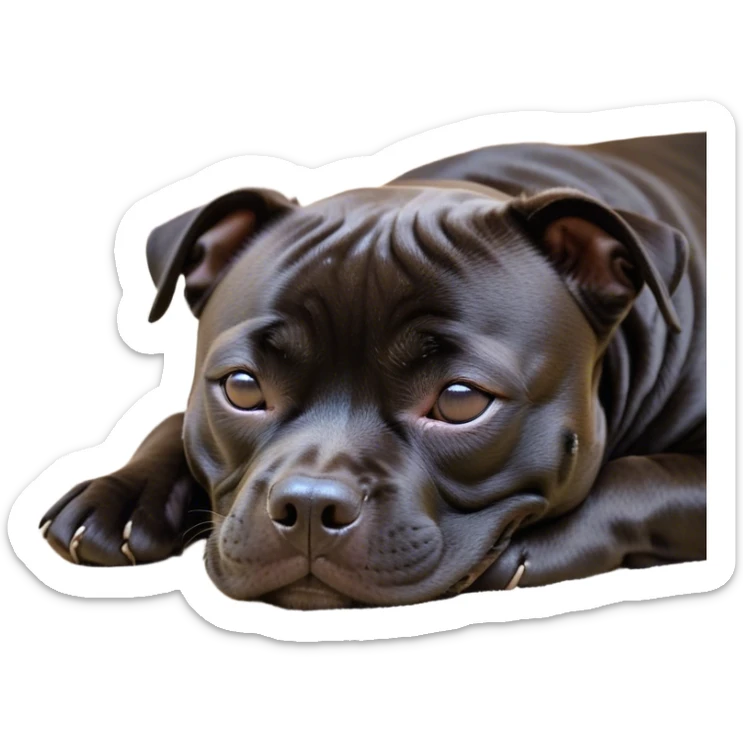 Meme-Worthy Cute Sleeping Black/Brindle Staffordshire Bull Terrier Portrait Emoji, Head resting peacefully with a contented smile, showcasing a delightfully compact build and a luxuriously soft Fur with an attractive black and brindle blend, eyes shut in a serene nap, Simplified yet hilariously adorable features, highly detailed, glowing with a soft, drowsy light, high shine, relaxed and utterly lovable, stylized with an air of playful laziness, bright and heartwarming, soft glowing outline, capturing the essence of a comically sleepy guardian, so meme-worthy it feels like it could instantly become the next viral sensation of adorable slumber! sticker