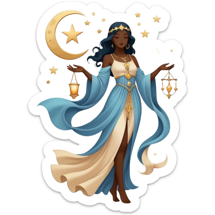 Mystical tarot card with flowing clothing silhouette, ethereal fashion symbol with stars and moon elements sticker