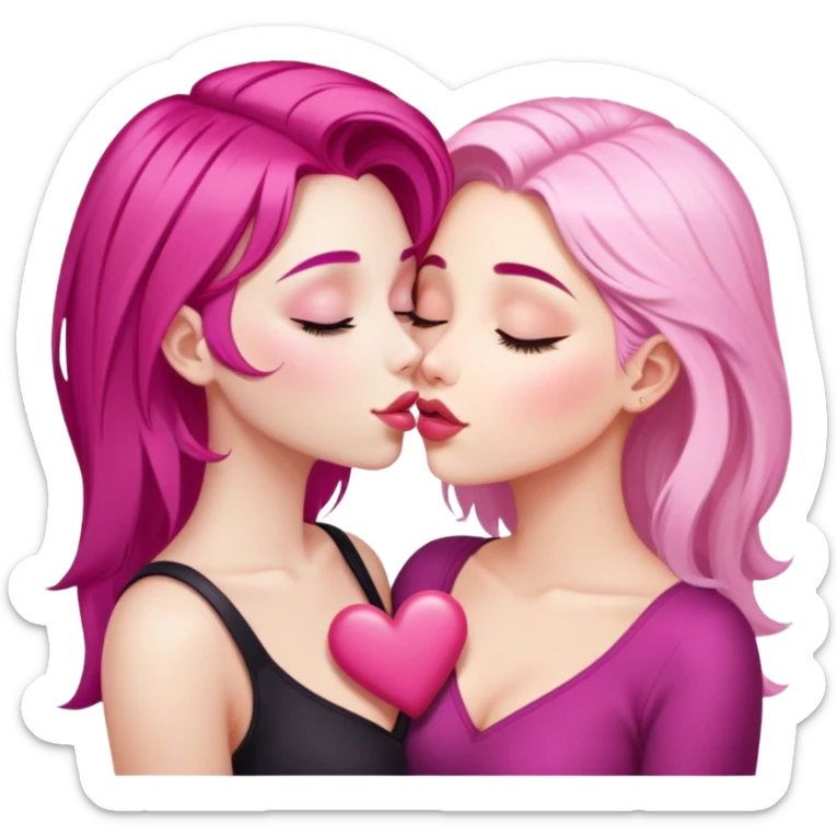 gorgeous pale girl with magenta pink hair latina makeup next to a gorgeous blonde girl with a light pink heart in between eye closed making kiss faces sticker