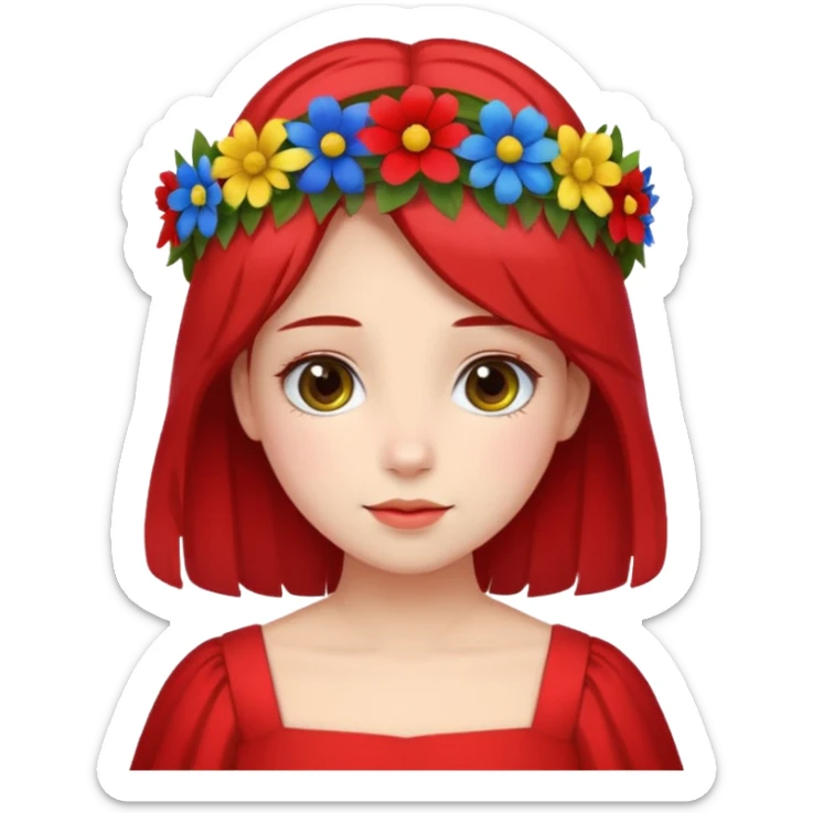 girl with flower crown in red dress and yellow ,blue,green colored flowers sticker