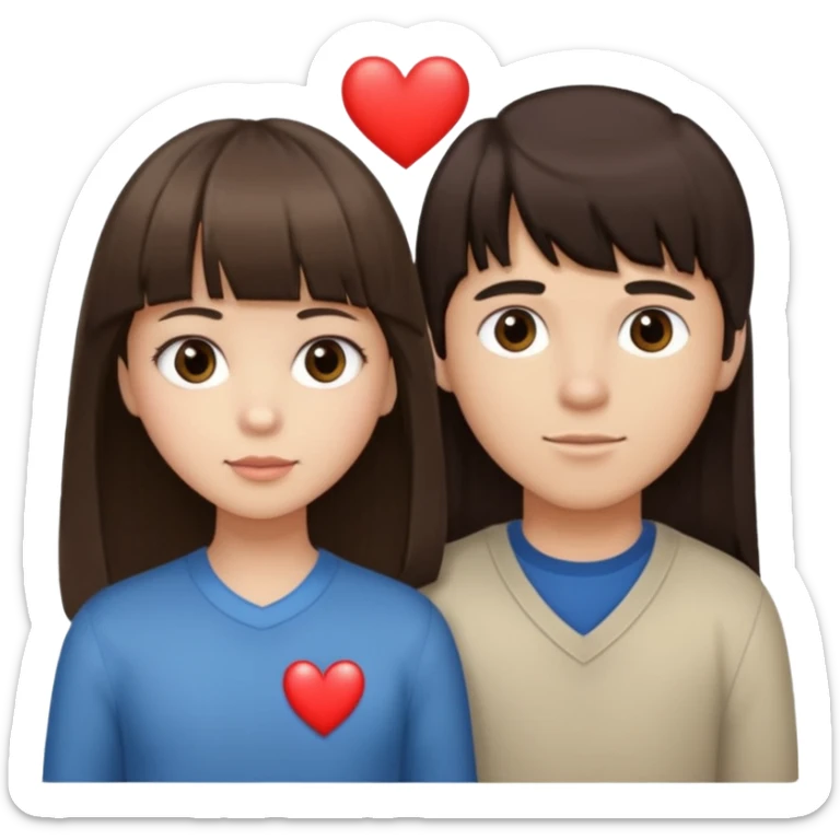 girl brunette with bangs long hair with boy dark brown hair with bangs with straight eyebrows with a light color heart between them. sticker