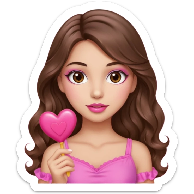 girl with long wavy brown hair, brown eyes, long lashes makeup, sexy pink lips, light to medium complexion, wearing a pink sexy top,, heart lillipop sticker