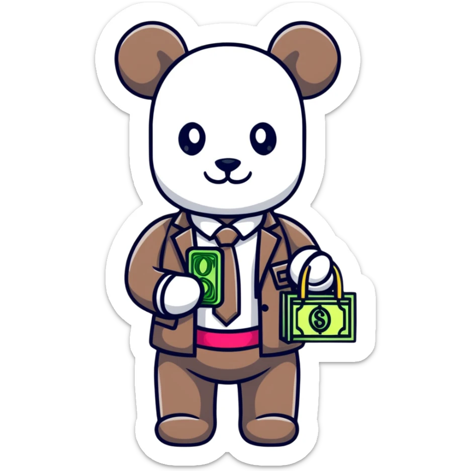 cool hustler bearbrick with money bag, luxury clothes, and bling jewelry sticker