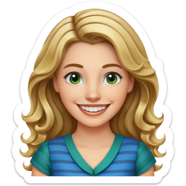 30 yr Caucasian woman long brown wavy hair parted on side blond stripe in hair blue green dress ,big smile white teeth, dimples sticker