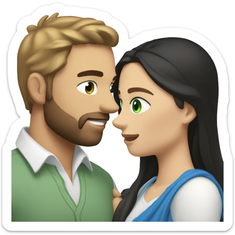 White man BROWN beard and blue eyes and BROWN hair hugging white woman with long straight black hair and green eyes sticker