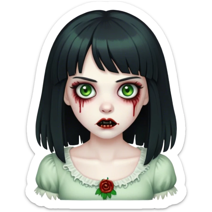 Zombie girl with big black hair and fringe and green eyes sticker