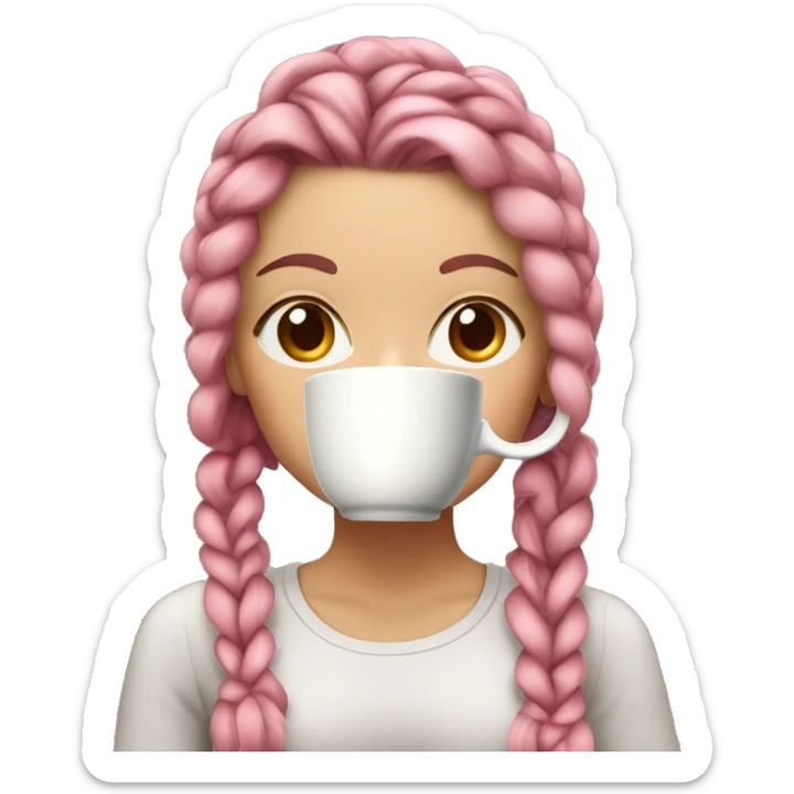 White girl with braided pink and burgundy hair and hazel eyes drinking coffee sticker