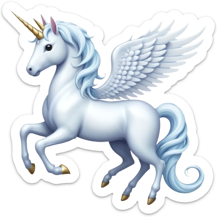 All white Cinematic Noble Unicorn with wings, slender with a flowing mane and tail and spiraled horn sticker