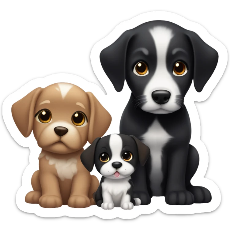 boy and girl couple with white skin and black hair, sitting next to black and white puppy, also a brown puppy sticker