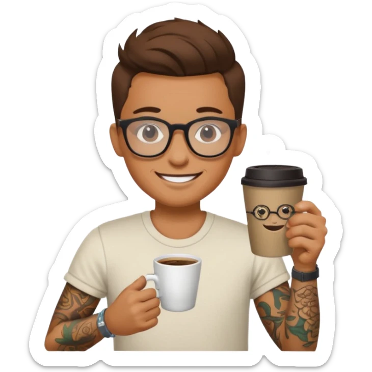 gözlük takan, dövmeli ve elinde kahve tutan, yaz kıyafetli insan sticker