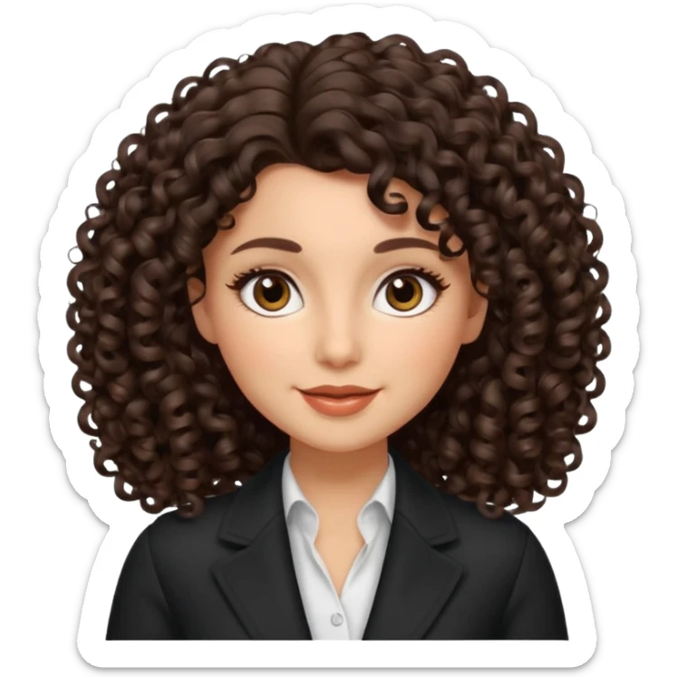 beautiful female memoji, dark brown voluminous curly hair, big brown eyes, natural glow, soft smile, elegant and classy sticker