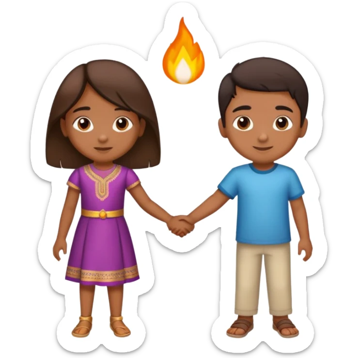 boy and girl holding hands, both Indian, boy with lighter brown skin, girl with medium brown skin, both around age 5-6 sticker