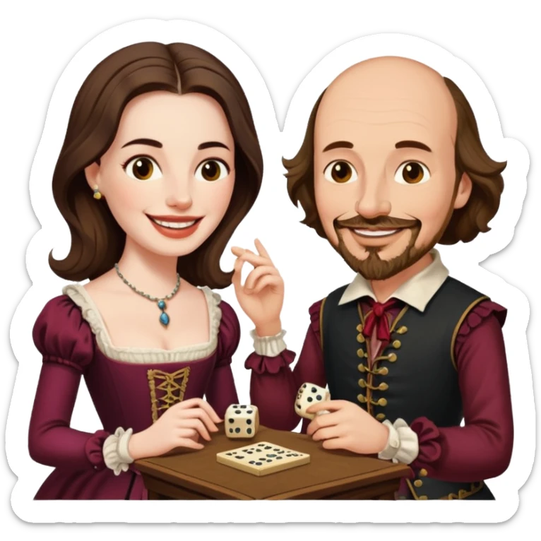 Can you make an emoji of William Shakespeare and Anne Hathaway (his wife-1582) playing Yahtzee  sticker