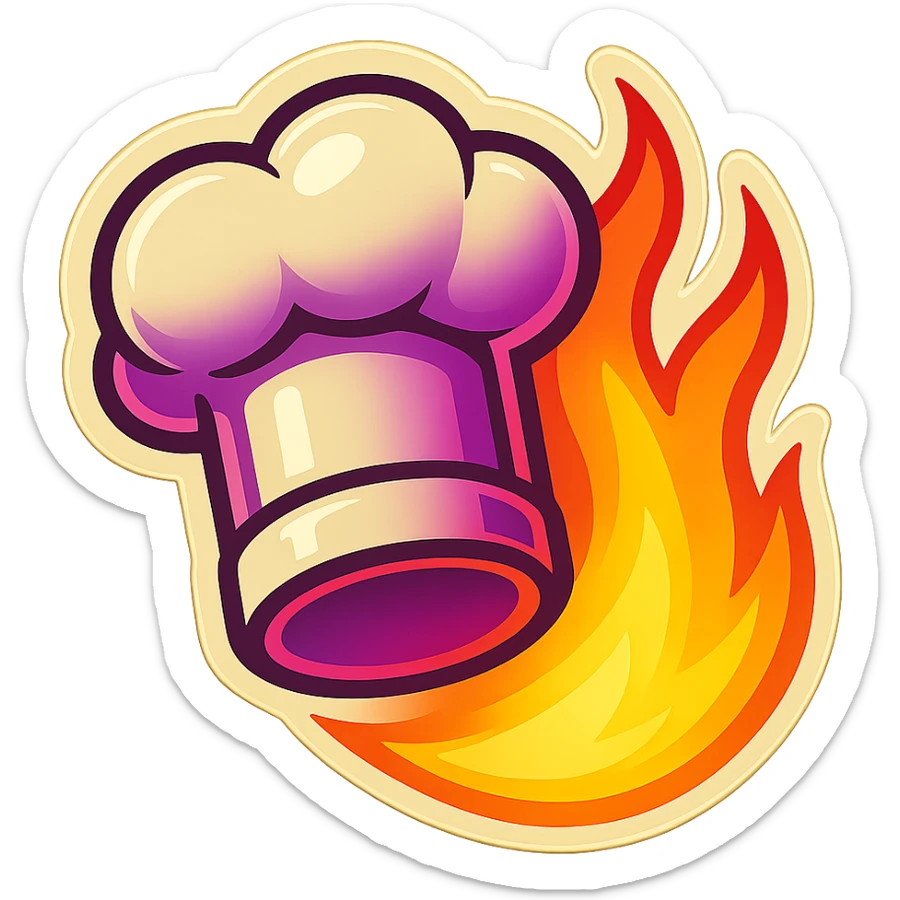 chef's hat with a trail of fire emoji, playful, synthwave colors, vibrant, matching style reference file
 sticker